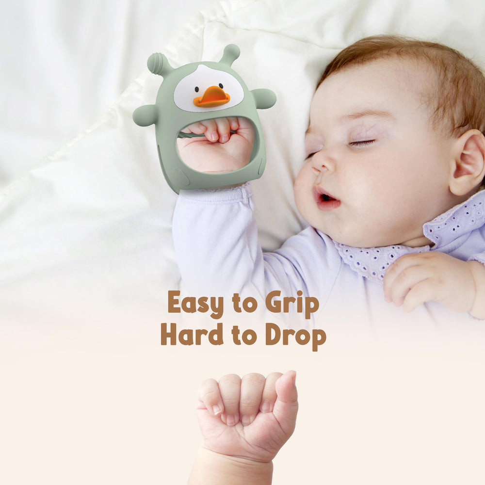 BPA-free silicone teether by HEOMOONE is safe for chewing and gentle on gums.