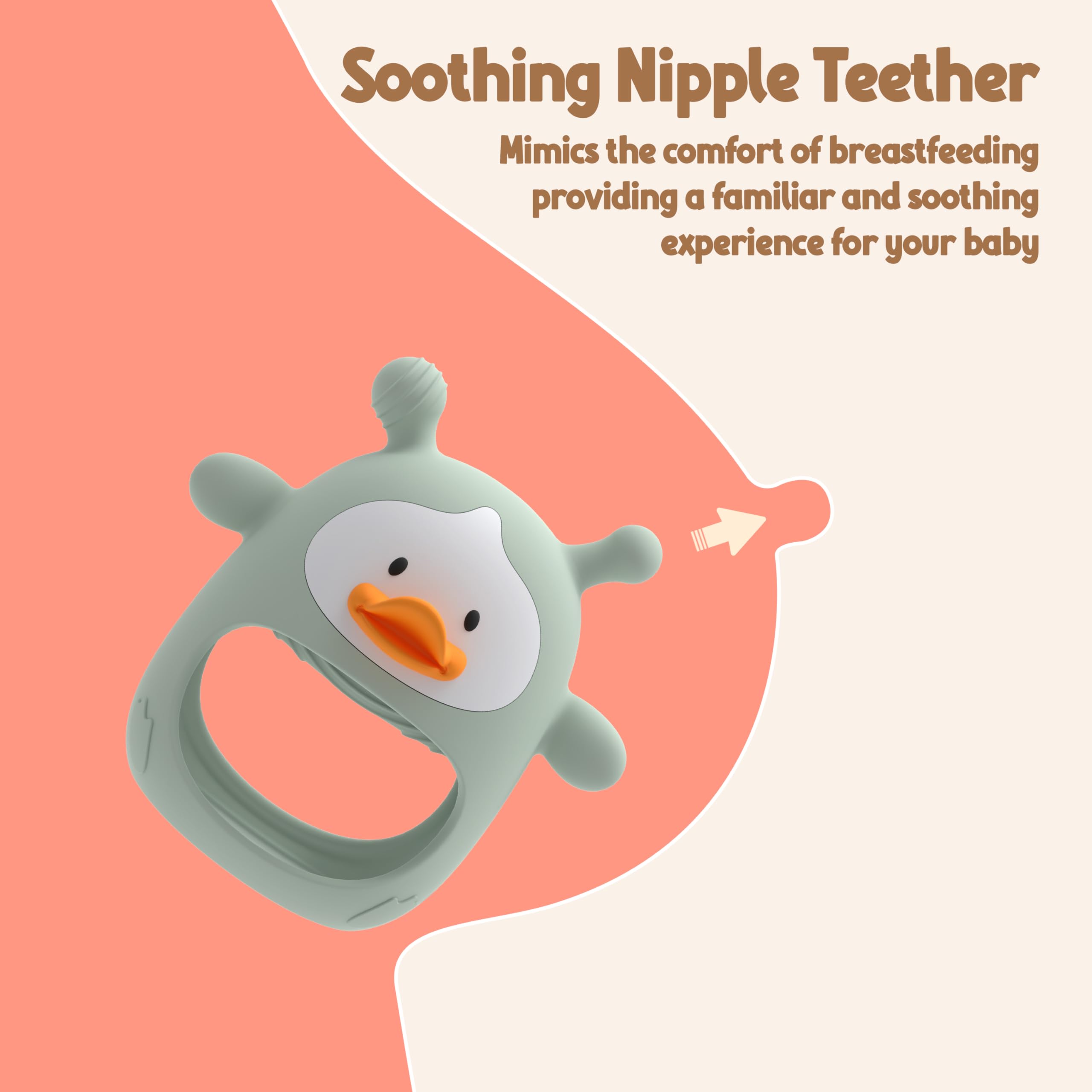 HEOMOONE teething mitten in green on baby's hand provides secure grip during chewing.
