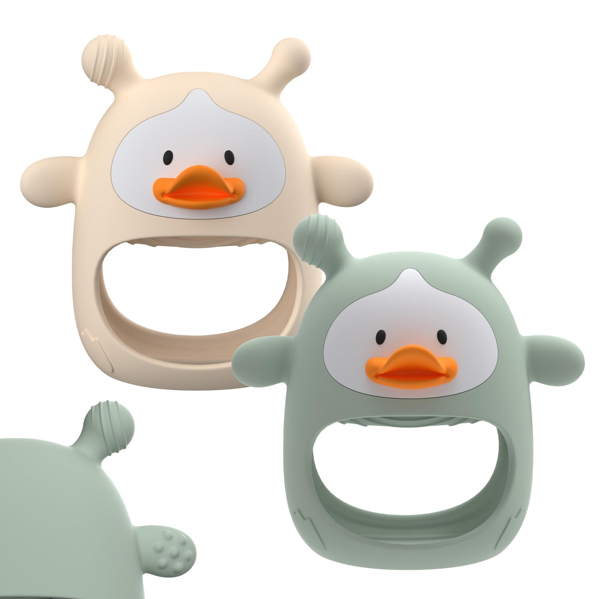 HEOMOONE teething mitten in nude on baby's hand offers gentle relief and secure fit.
