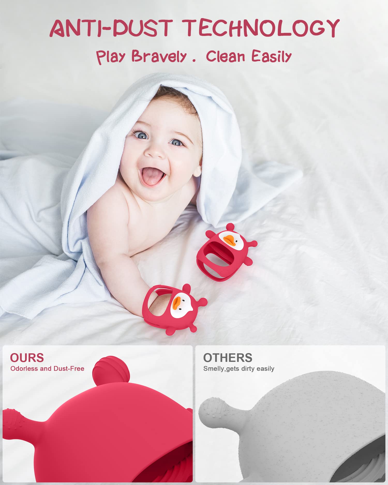 HEOMOONE teething toy features bump massage particles for gentle chewing.