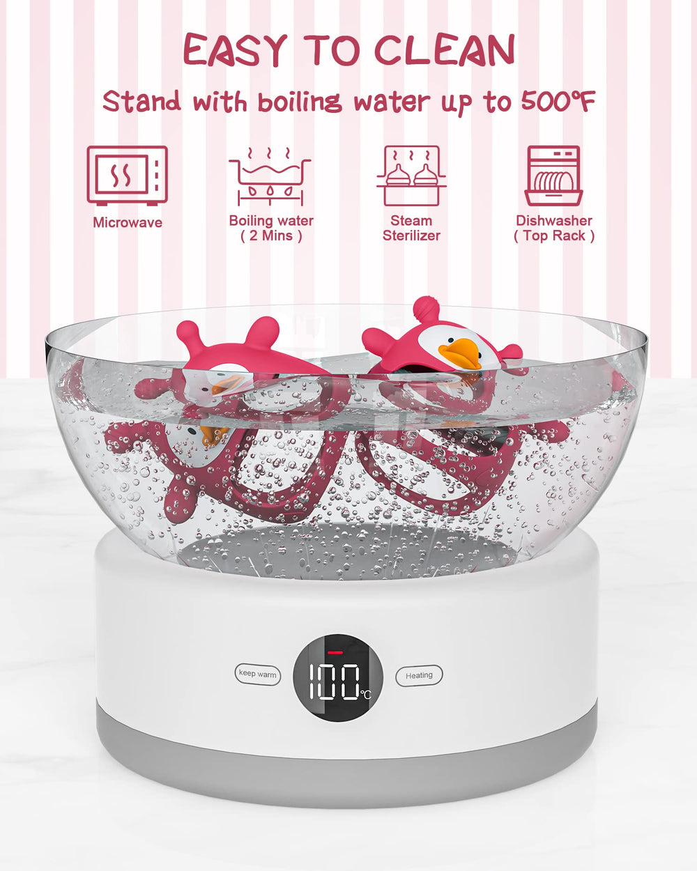 HEOMOONE teether resists dust and hair for quick cleaning.