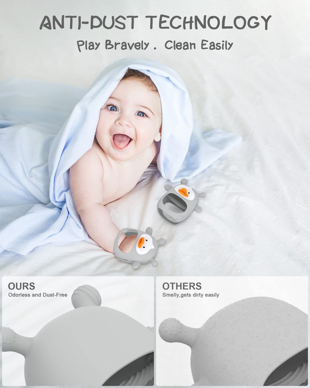 HEOMOONE teething toy resists dust and hair for cleaner chewing sessions.