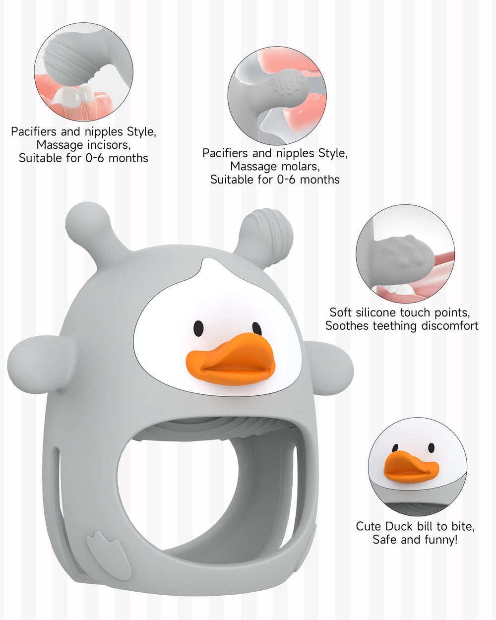 HEOMOONE teether with duck design is easy to hold, encouraging self-soothing.