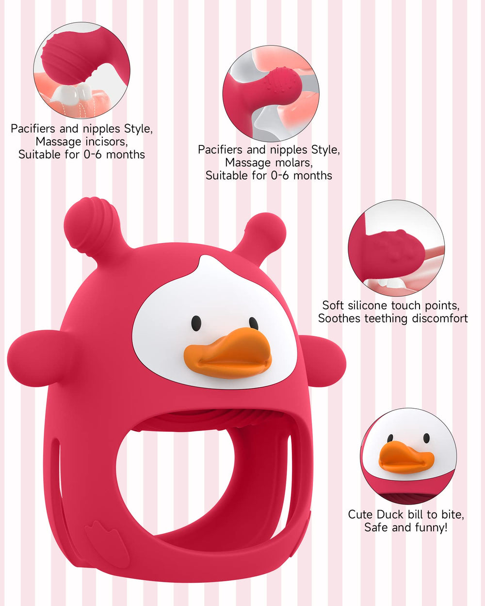 HEOMOONE hollow duck-body teether provides an easy, secure grasp for tiny hands.