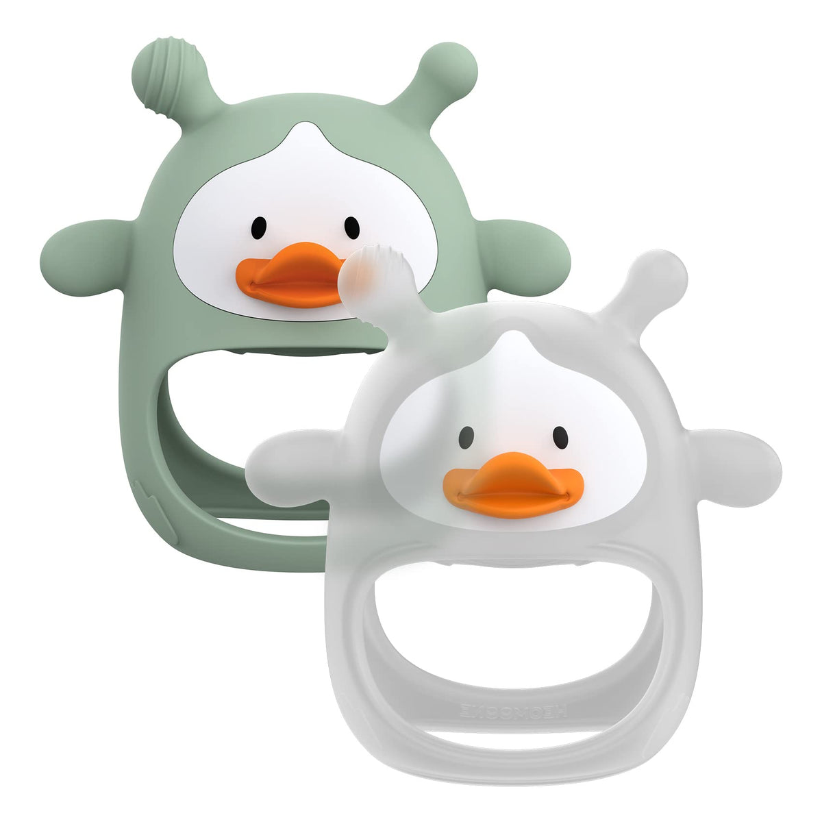 HEOMOONE teething toy hollow duck wrist grip for easy grasp and soothing relief.