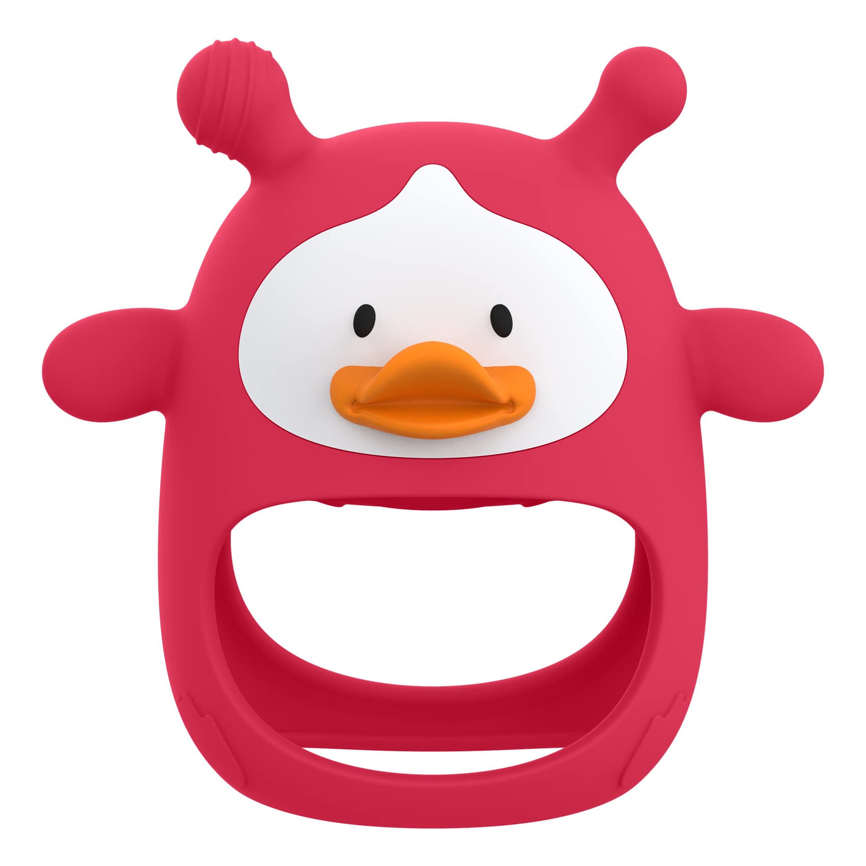 HEOMOONE teething toy on the red wrist strap offers hands-free soothing for babies.