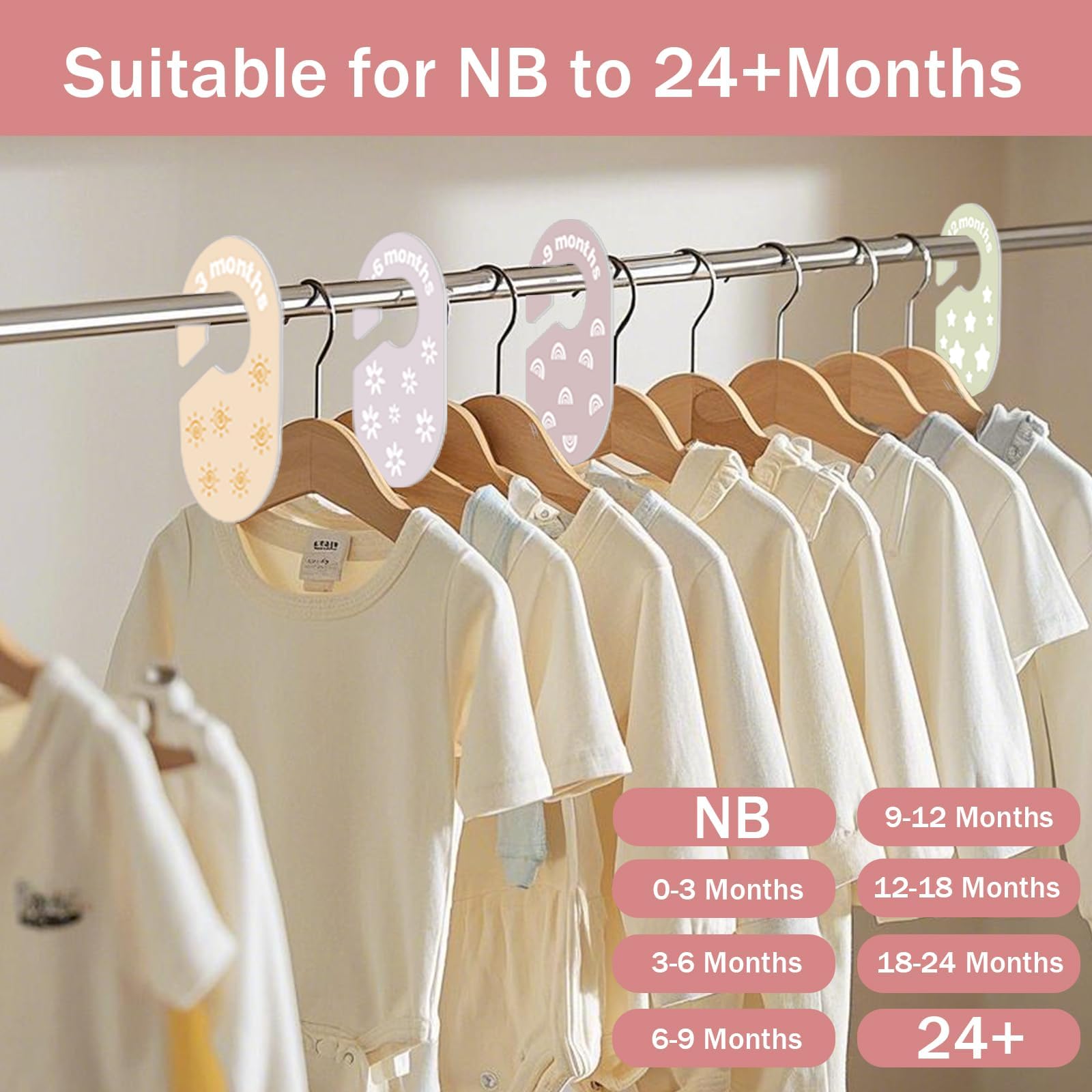 Hepertise Baby Closet Dividers shown in a nursery for easy outfit selection.