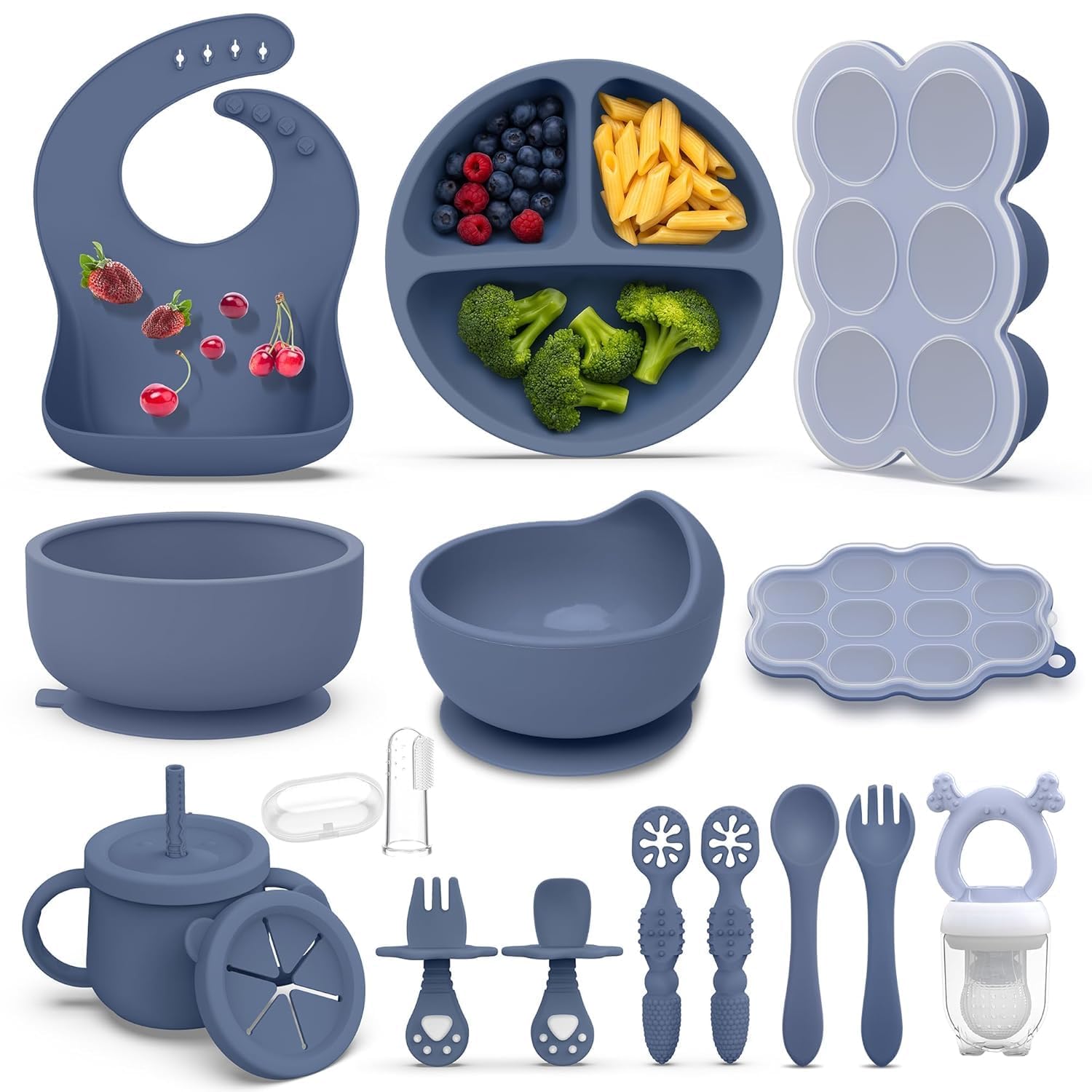 Hepotk 16-pack blue silicone plates designed for mess-free meals.