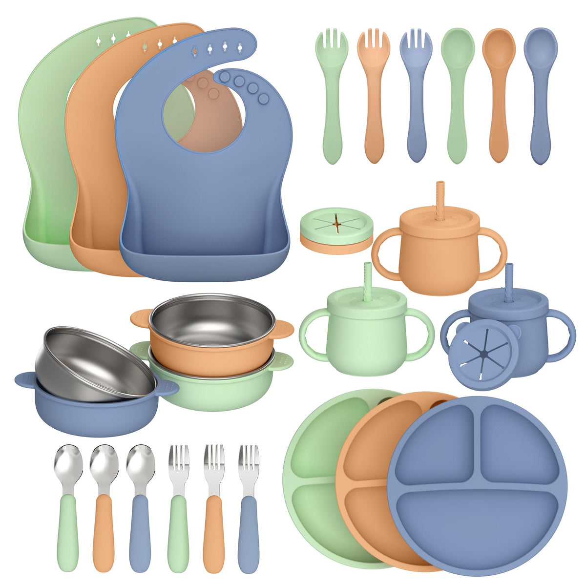 Hepotk 27-pack silicone baby feeding set laid out for a mess-free mealtime.