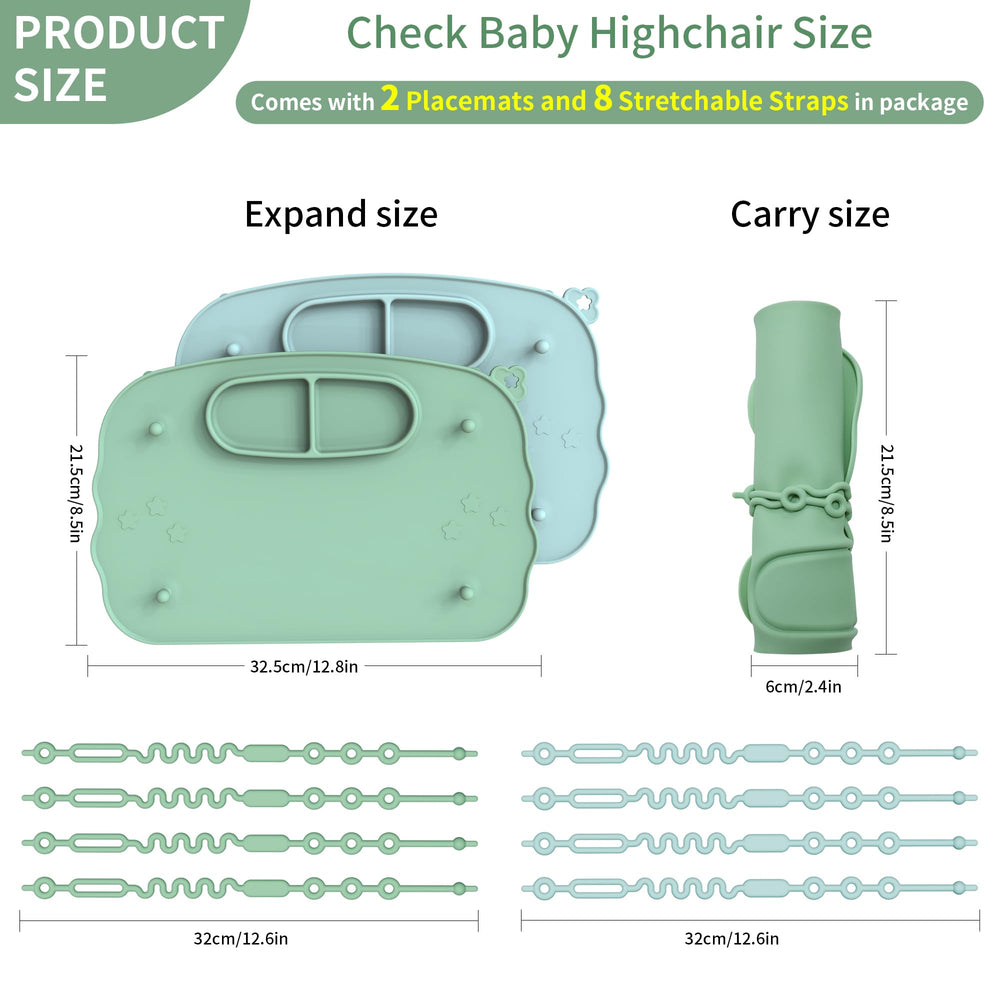 Hepotk placemats show eight stretchable straps securing on high chairs during meals.