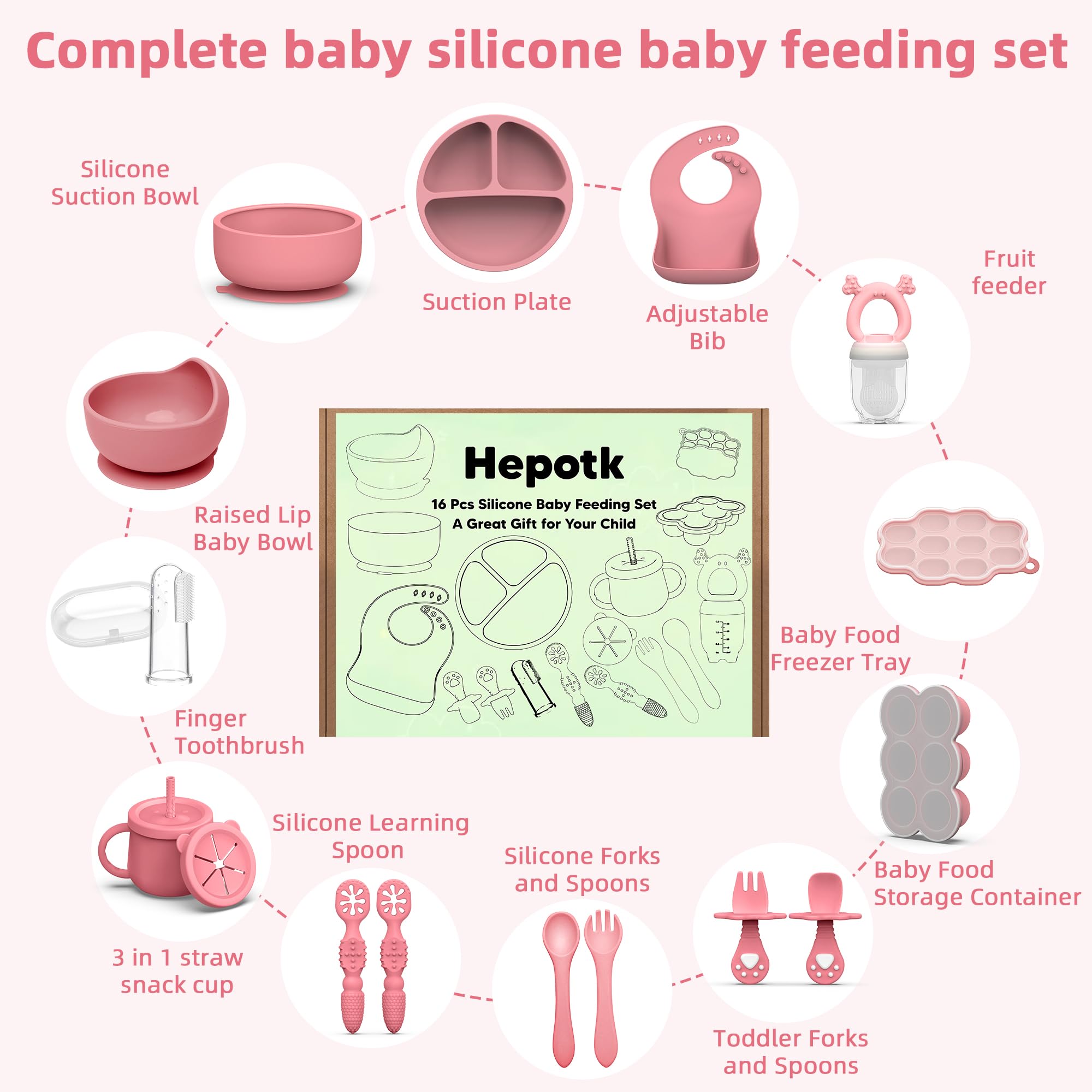 Hepotk silicone baby feeding set adjustable bib for mess control.