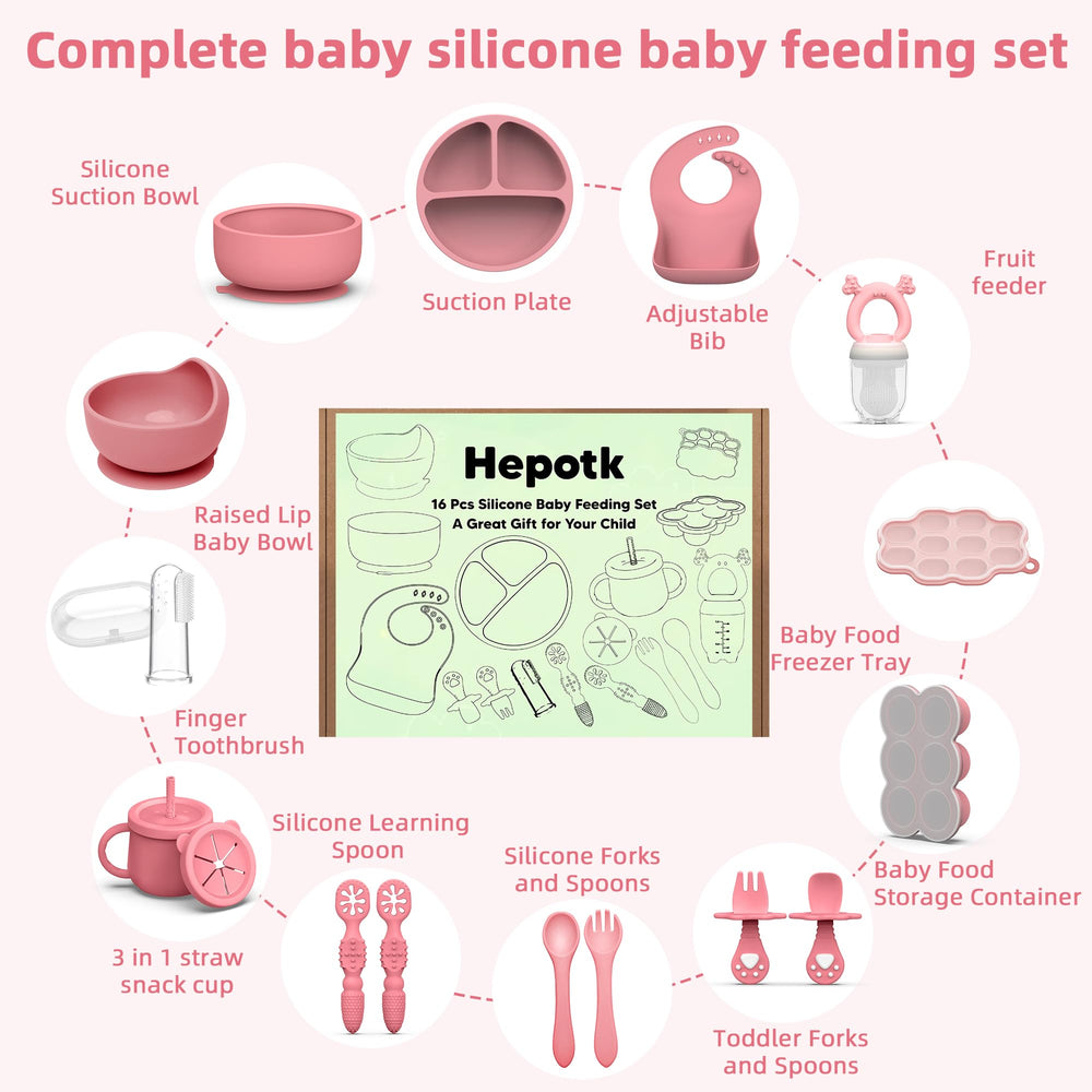 Hepotk silicone baby feeding set adjustable bib for mess control.
