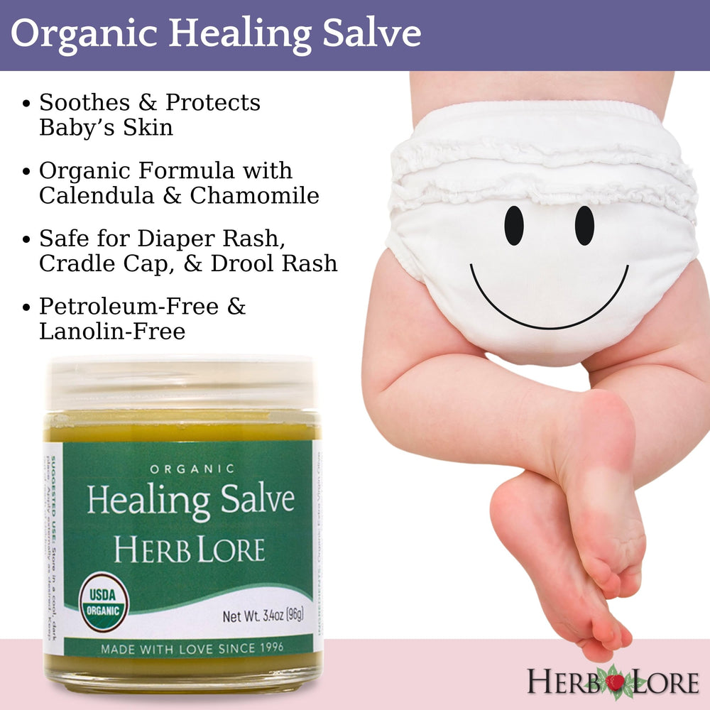 Herb Lore Healing Salve applied to cradle cap on a baby's scalp.