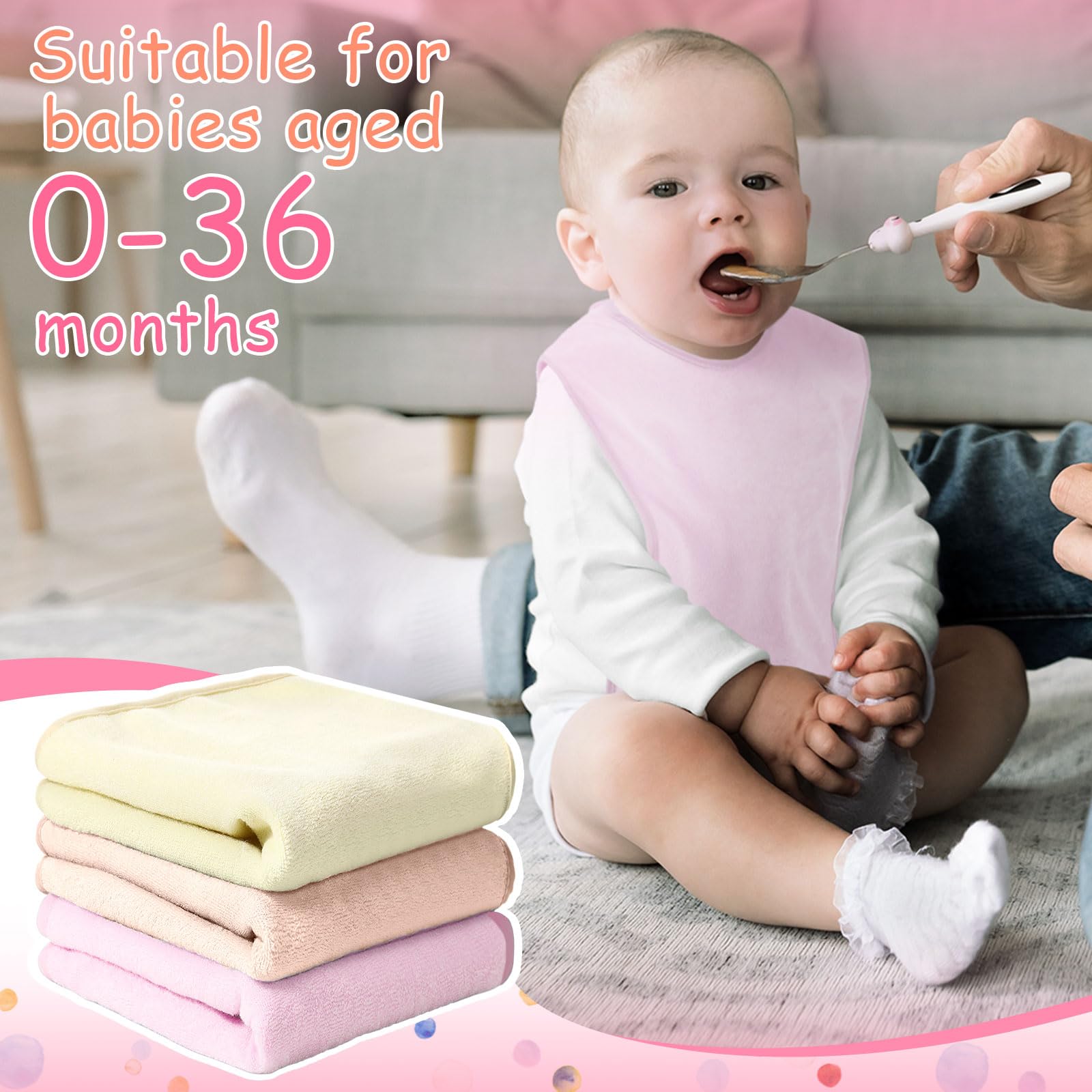 Hercicy trio of colors/bibs neatly stacked demonstrating complete kit for drooling and feeding.