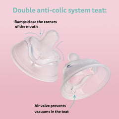 Herobility anti-colic air valves closeup demonstrates vacuum prevention during feeding.