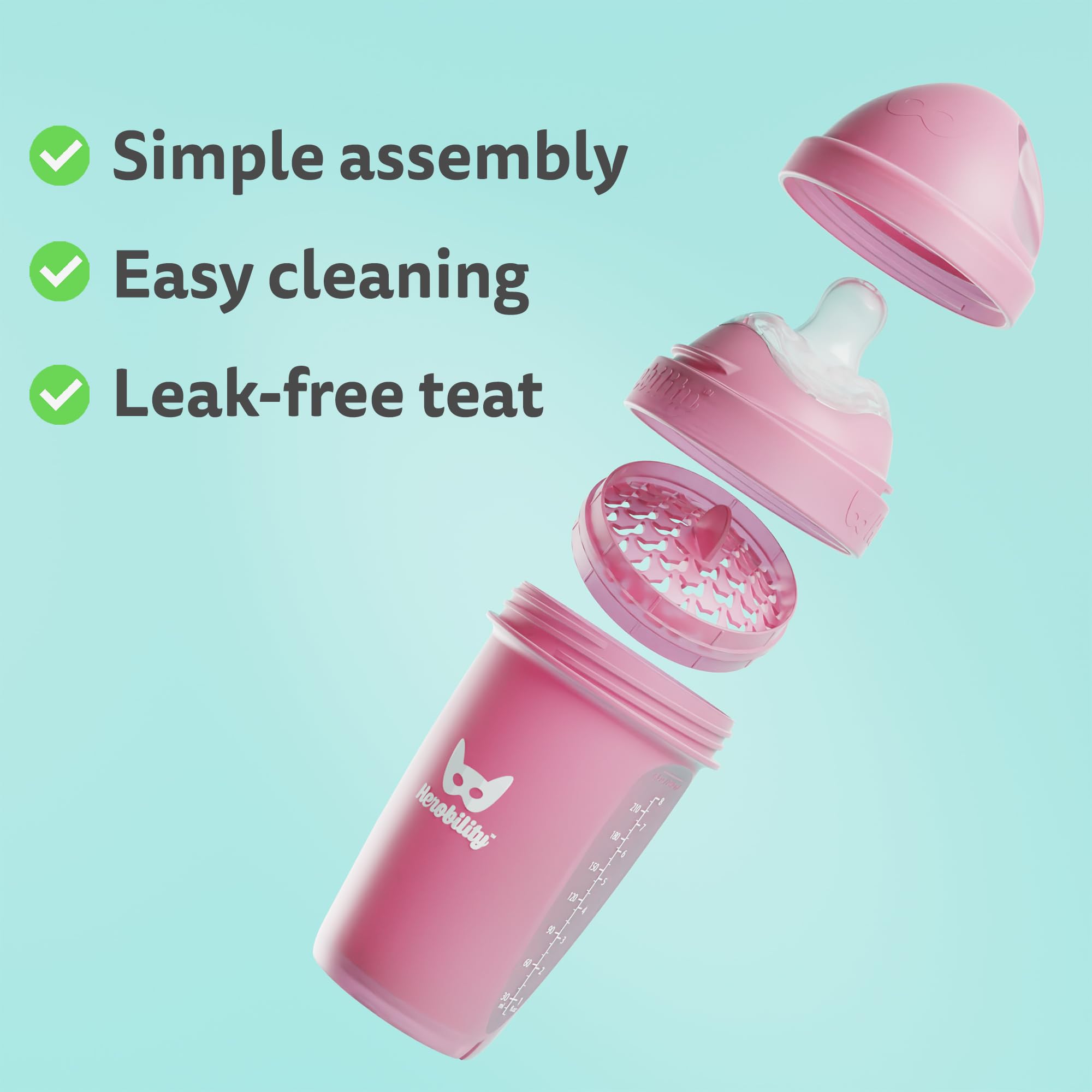 Herobility baby bottle peach air valves closeup illustrates reduced vacuum risk for smoother feeding.