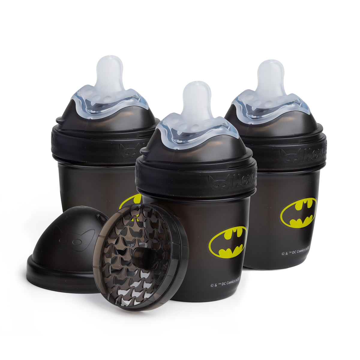 Herobility Batman bottle pour shows the double anti-colic system for smoother feeding.