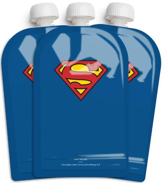 Herobility DC Comics food pouch 180ml front view demonstrating leak-free, reusable design for snacks.