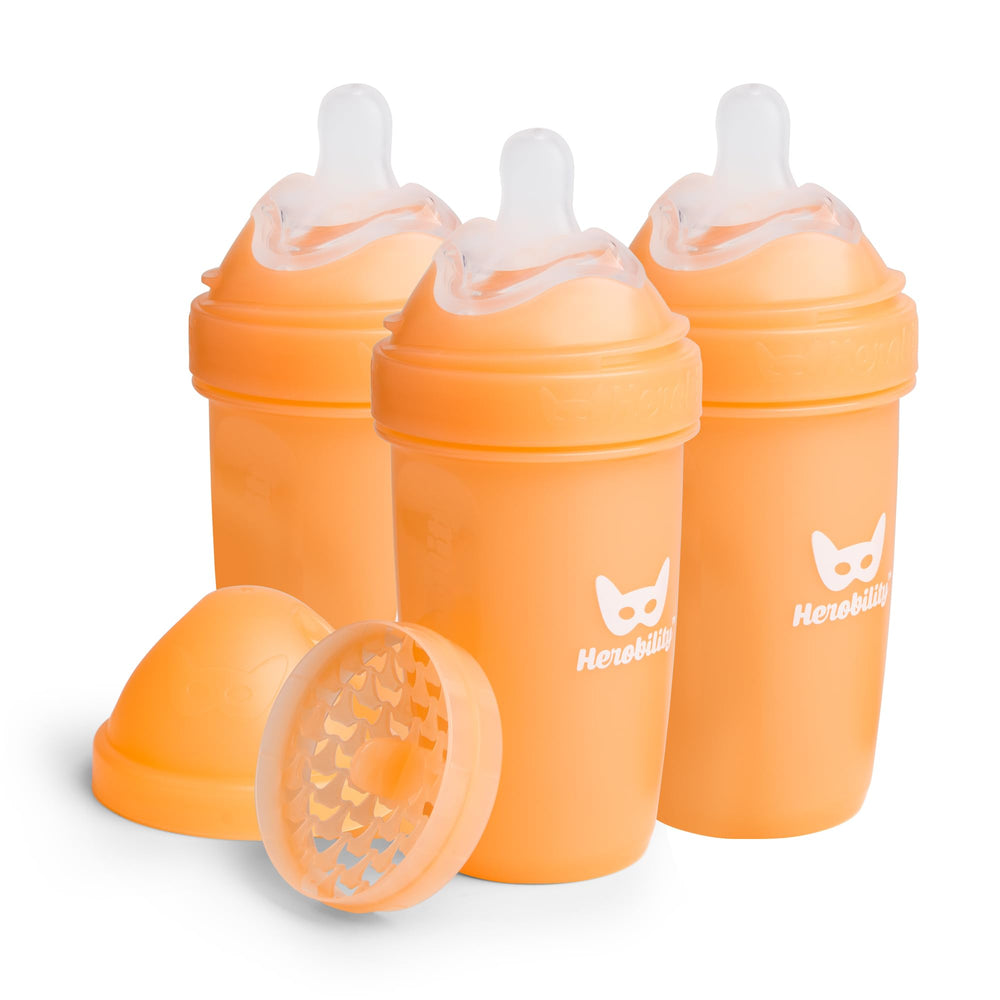 Herobility double anti-colic bottles peach front view shows an easy-to-hold design for quick feeding.
