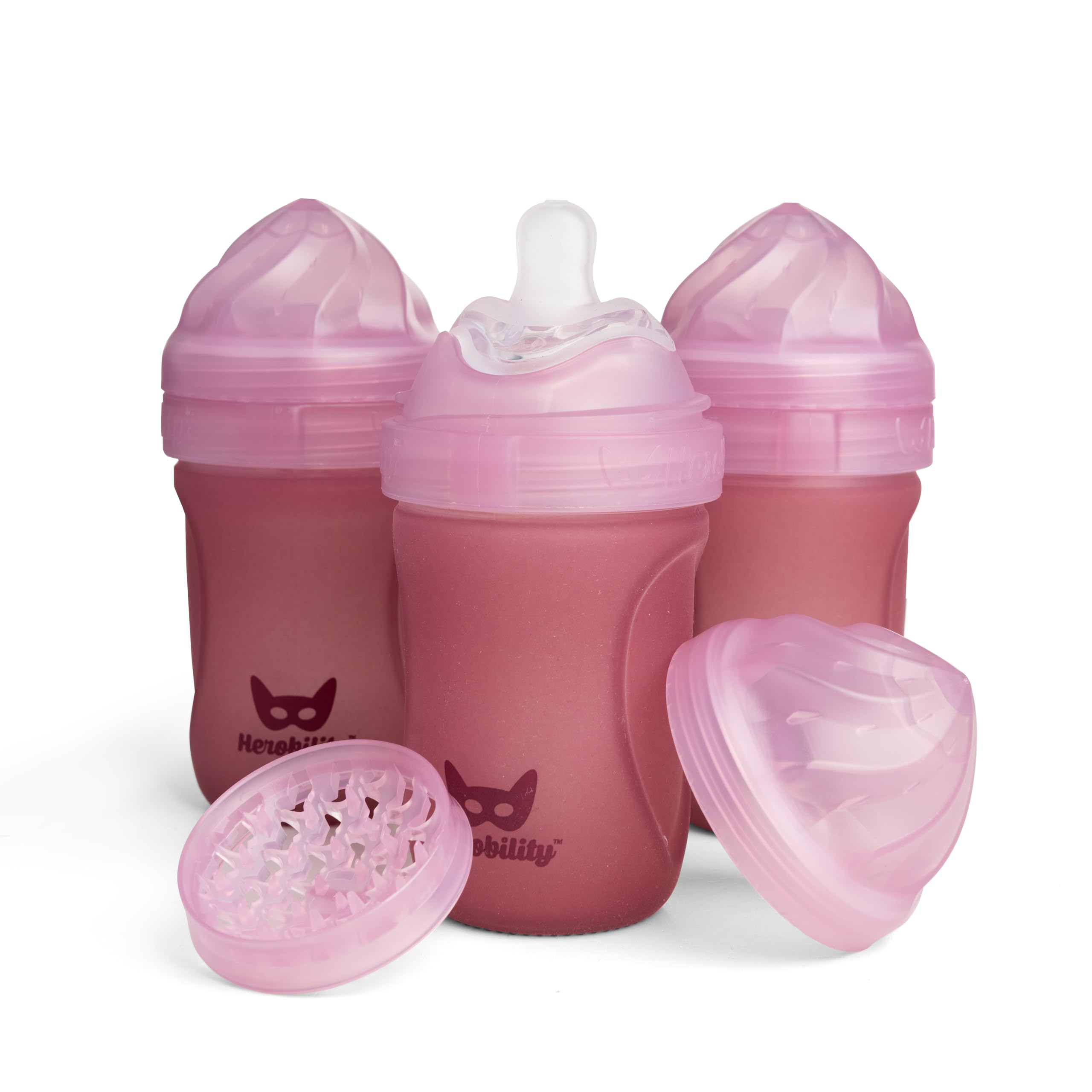Herobility glass baby bottle rose front view with clear heat-sensing indicator for safe feeding.