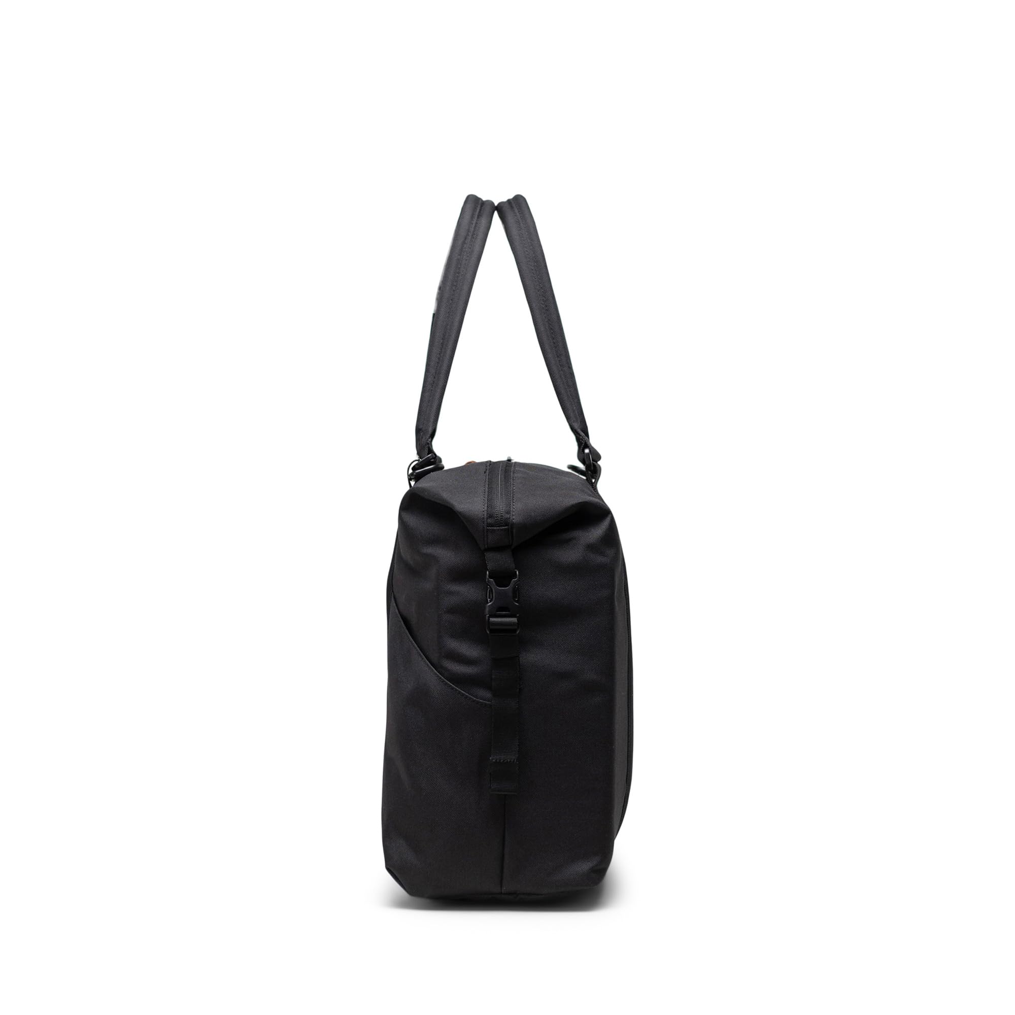 Herschel Strand Duffle Diaper Bag black insulated pocket maintains bottle temperature.