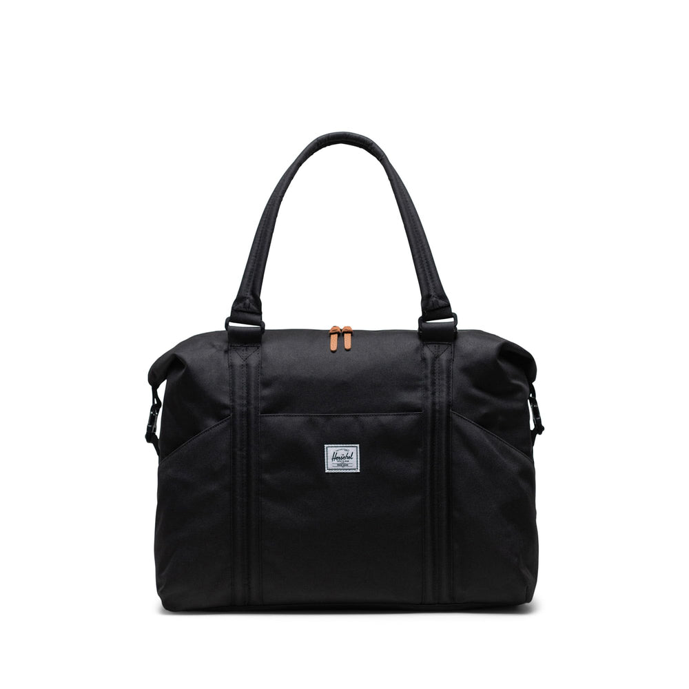 Herschel Strand Duffle Diaper Bag black straps and stroller attachment for hands-free carry.