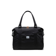 Herschel Strand Duffle Diaper Bag black straps and stroller attachment for hands-free carry.