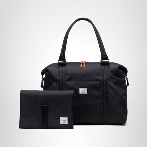 Herschel Strand Duffle Diaper Bag black signature label for brand detail.