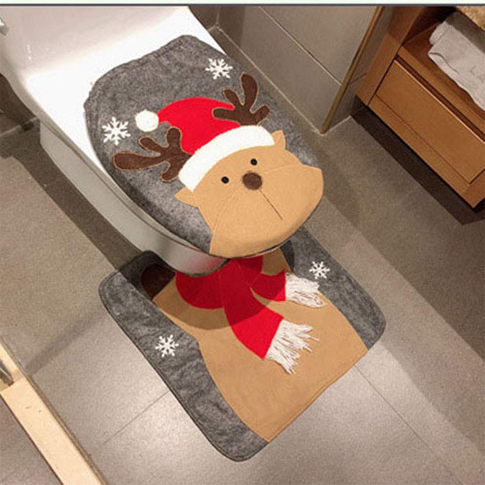 HESHIFENG Christmas toilet seat cover and rug set with deer and snowman, cozy holiday bathroom décor.