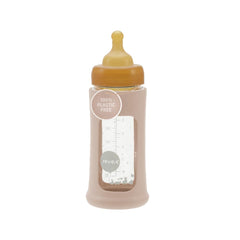 HEVEA baby bottle with sand sleeve and wide neck for easy gripping and safe feeding.