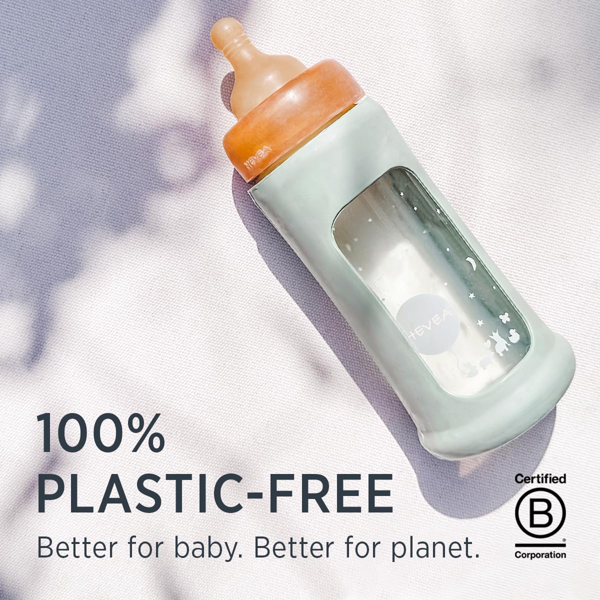 HEVEA borosilicate glass bottle showcases clarity and durability for long-lasting baby feeding.