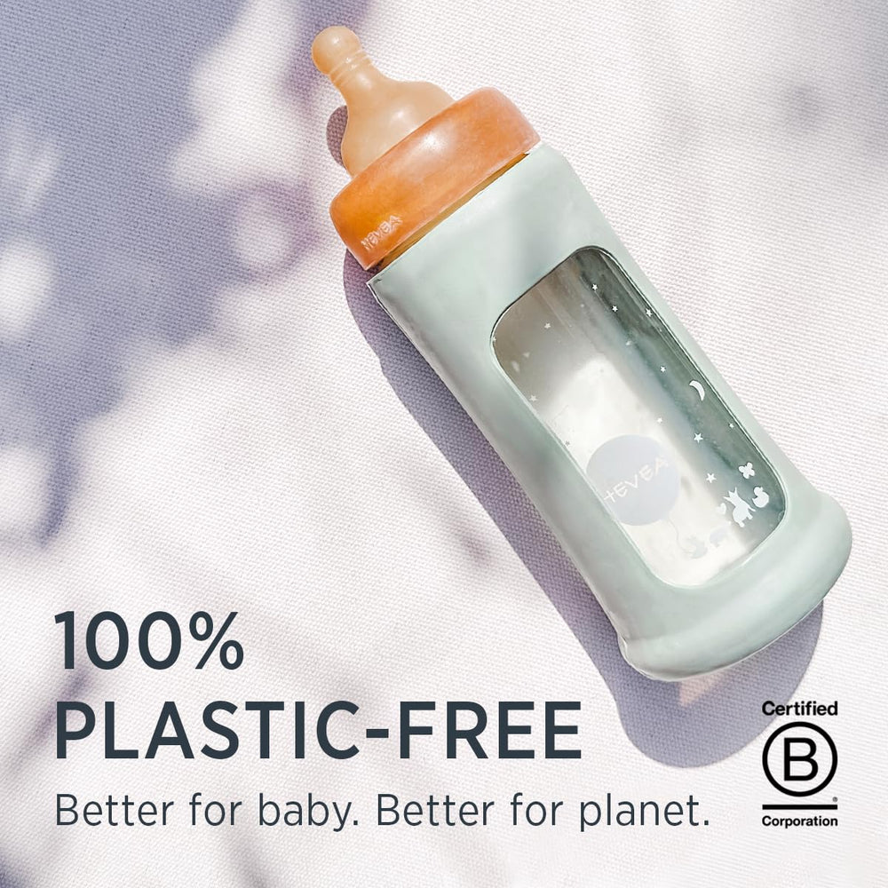 HEVEA borosilicate glass bottle showcases clarity and durability for long-lasting baby feeding.