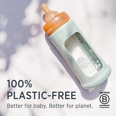 HEVEA borosilicate glass bottle showcases clarity and durability for long-lasting baby feeding.