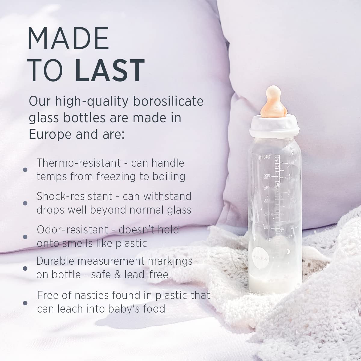 HEVEA bottle cleaning scene—easy to boil, dishwasher, or steam sterilize.