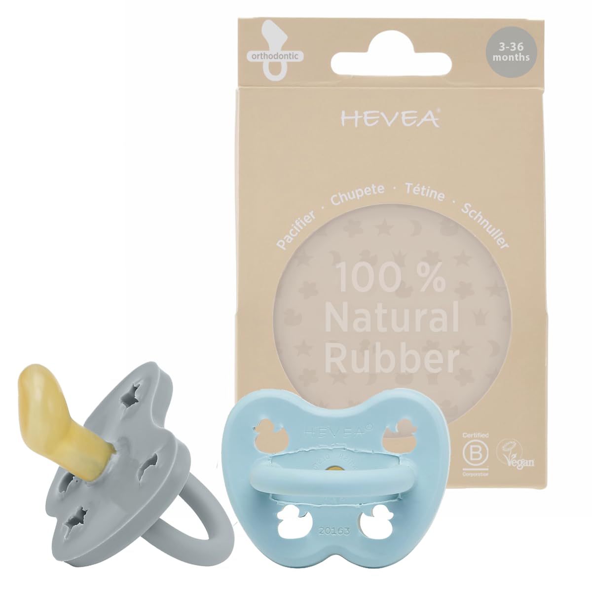 HEVEA pacifier orthodontic teat in Maya Blue offers gentle soothing and ergonomic shape