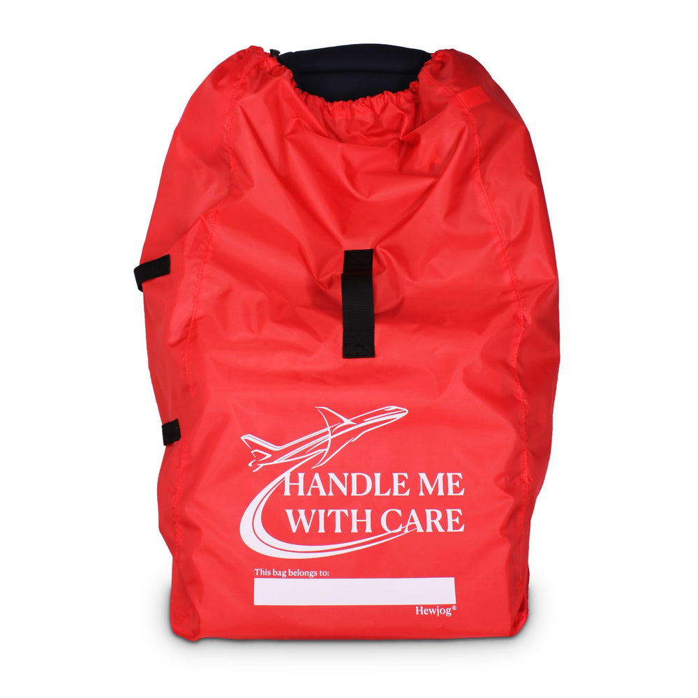 Hewjog car seat travel bag red front view for easy baggage claim identification.