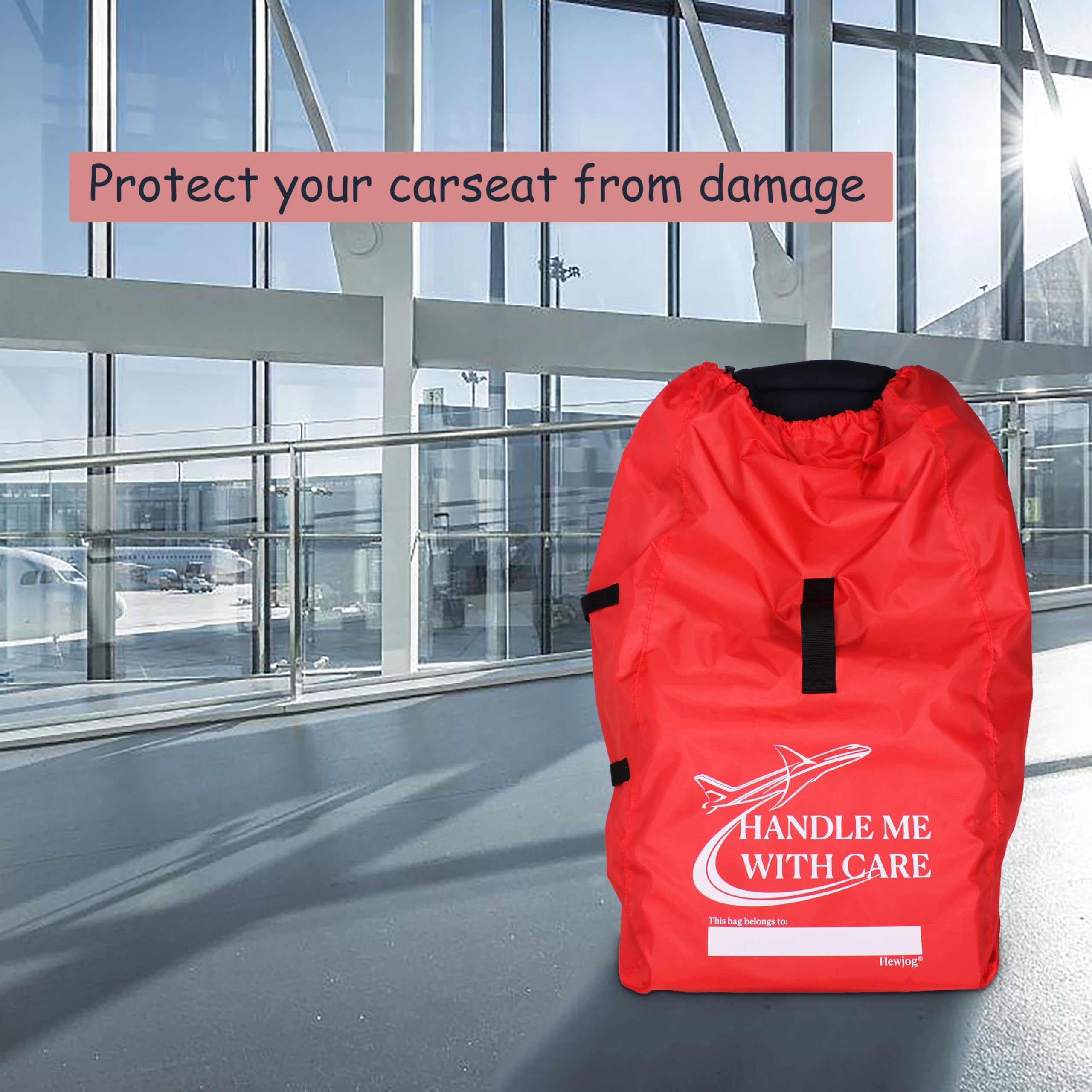 Hewjog car seat travel bag size 34x18x18 inches for major brands.