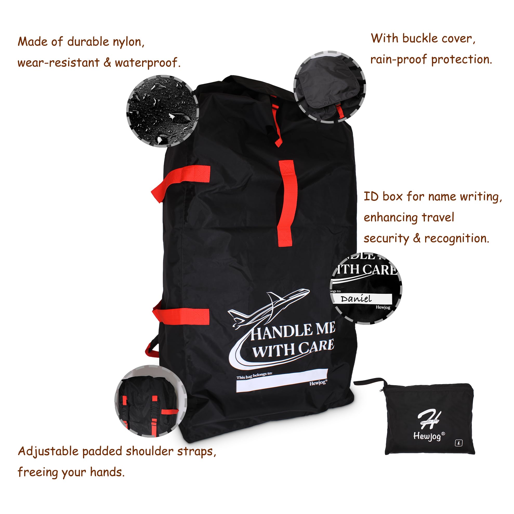 Hewjog stroller bag-id-box helps quick identification at the gate.