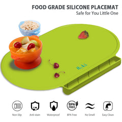 Hey Kids placemat edge catches crumbs to reduce mess