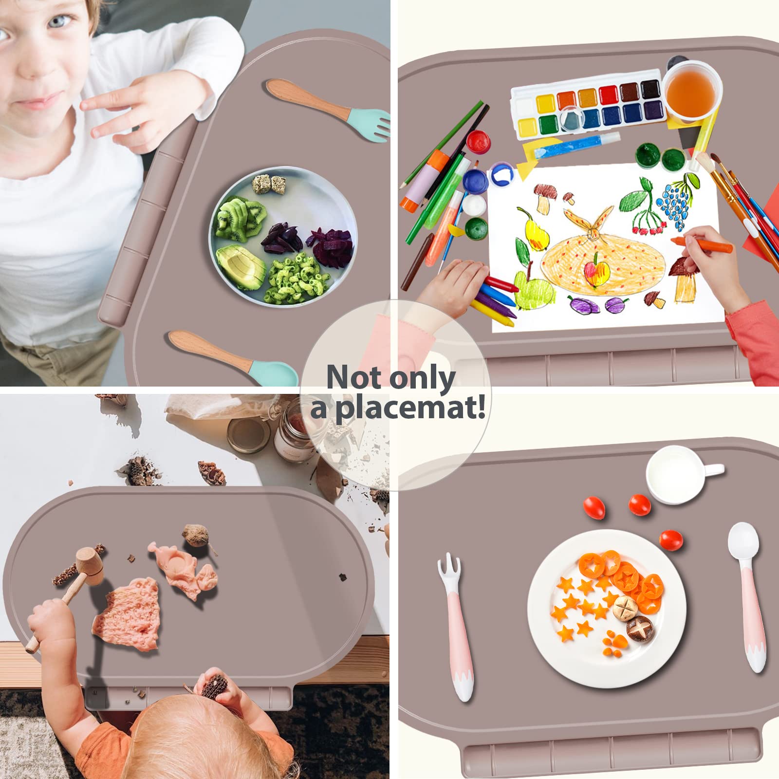 Hey Kids placemat features a raised edge to contain spills during meals.