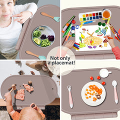 Hey Kids placemat features a raised edge to contain spills during meals.