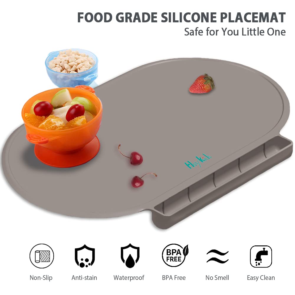Hey Kids silicone placemat is easy to wipe clean and dishwasher safe.