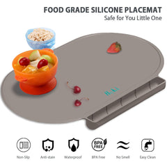 Hey Kids silicone placemat is easy to wipe clean and dishwasher safe.