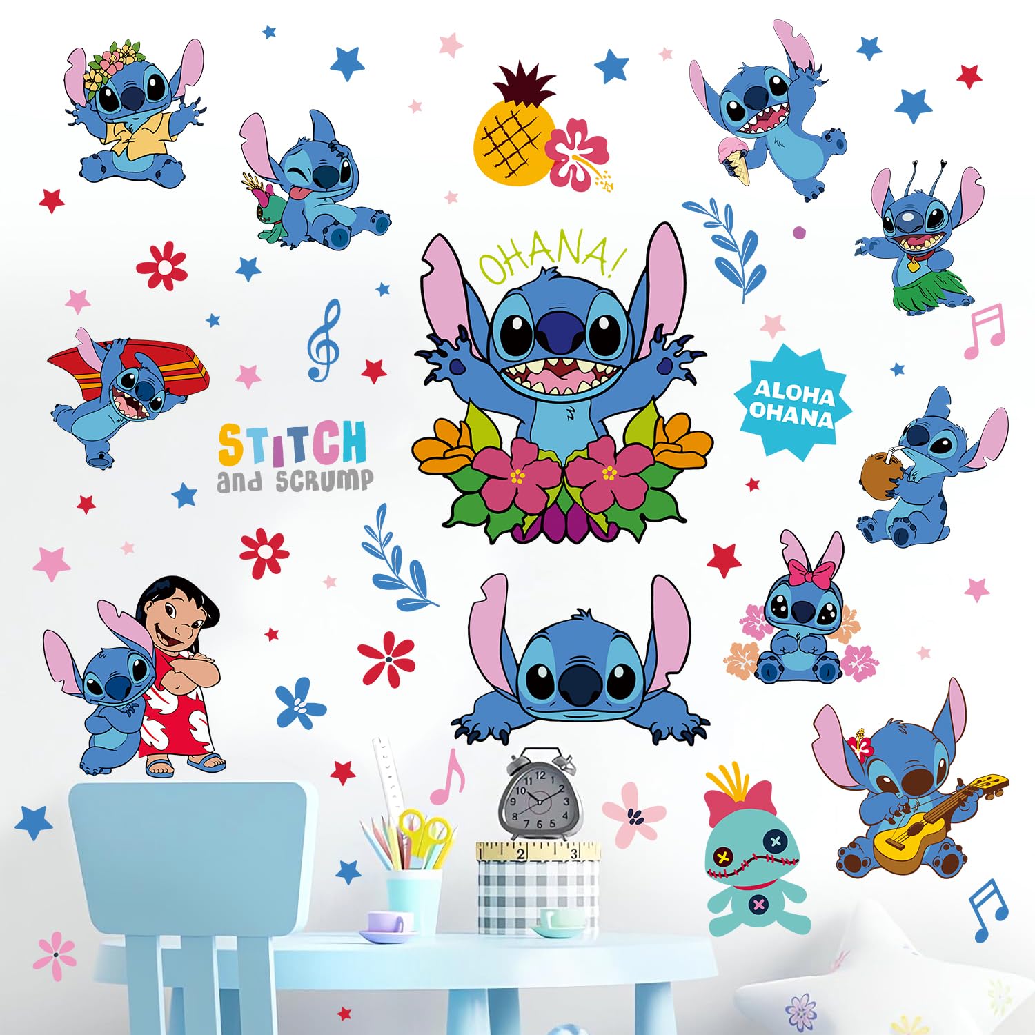 HeyAlpha wall stickers Ohana Stitch on wall add playful family vibes to kids' room.
