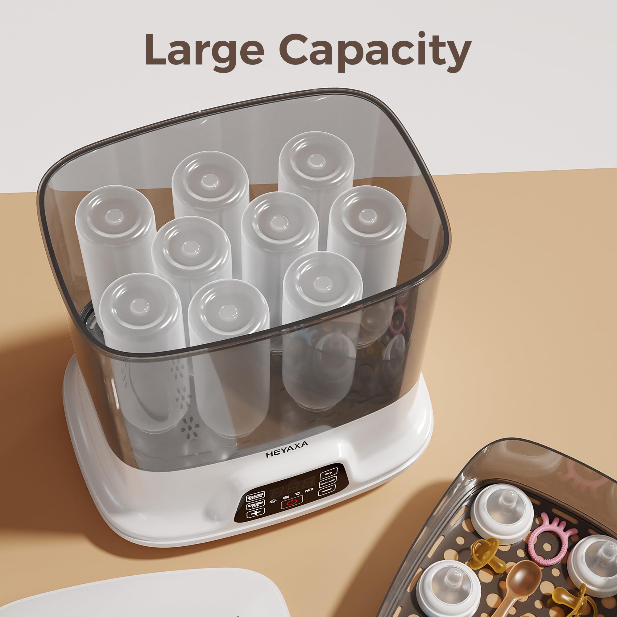 HEYAXA baby bottle steamer basket-configuration illustrates versatile item fit.