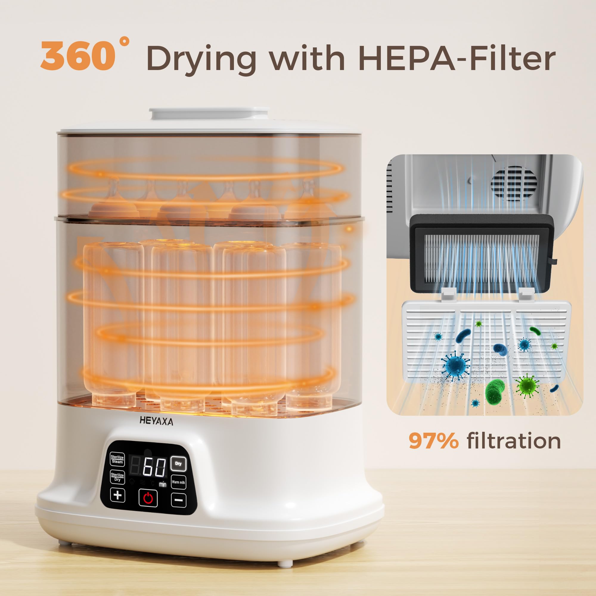 HEYAXA baby bottle steamer dry-function shows ready-to-use items after drying.
