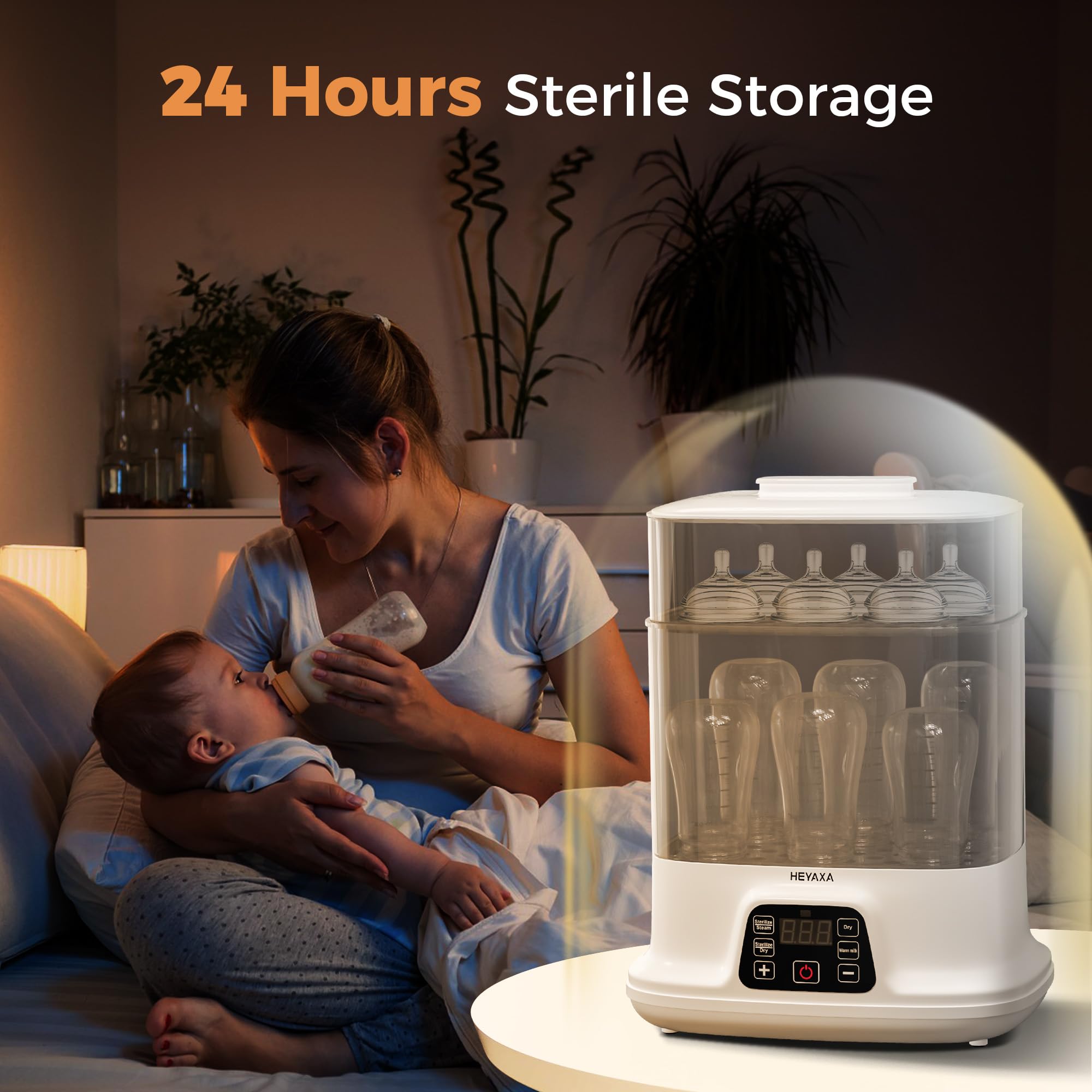HEYAXA baby bottle steamer large-capacity interior fits up to ten bottles.