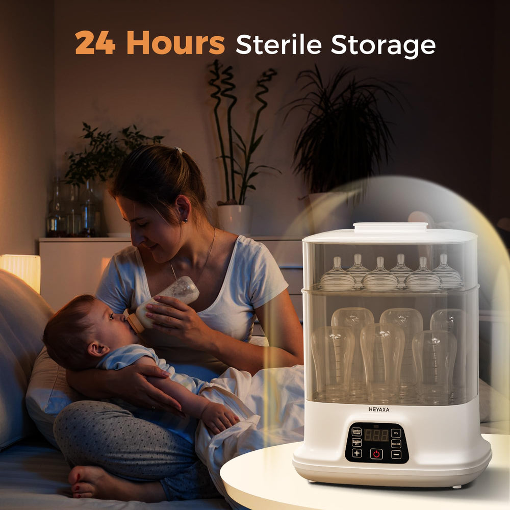 HEYAXA baby bottle steamer large-capacity interior fits up to ten bottles.