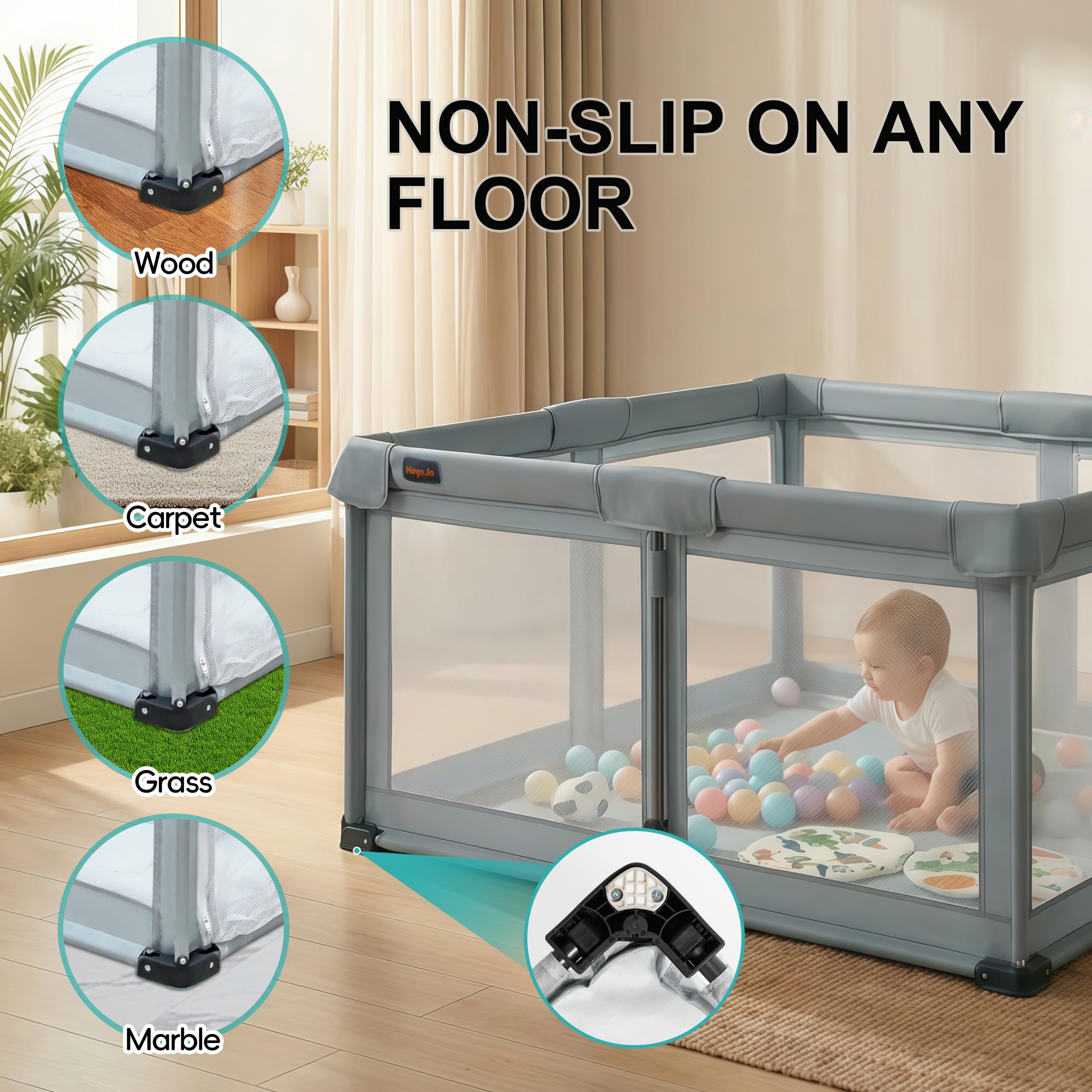 Heyo.Ja playpen includes ocean balls and rings to boost interactive play
