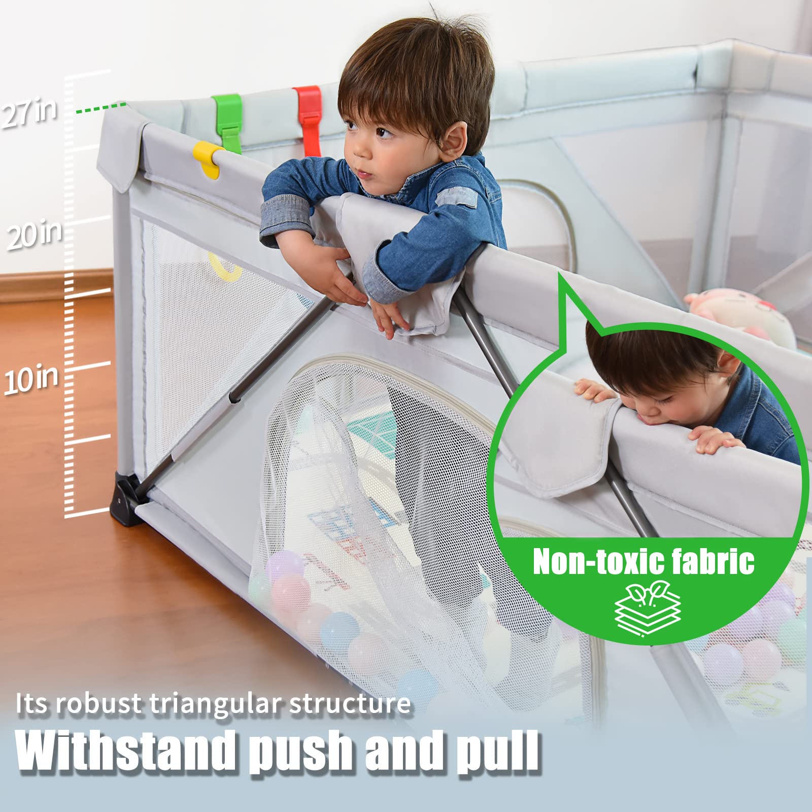 Heyo.Ja playpen with non-slip feet stabilizing on various floors